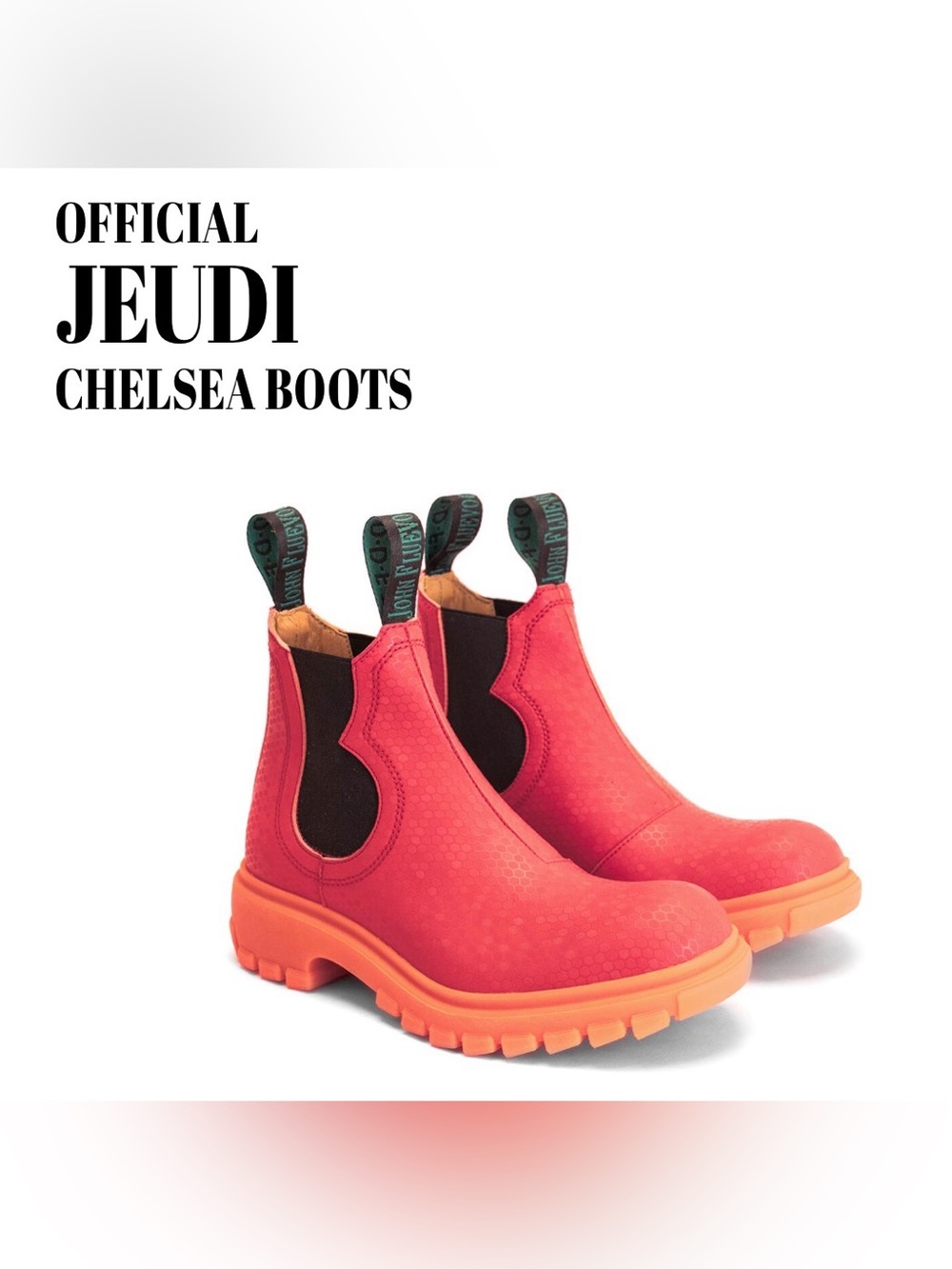 Fluevog NEARLY NEW Official Jeudi pink/orange rubberized vegan Chelsea boot -9